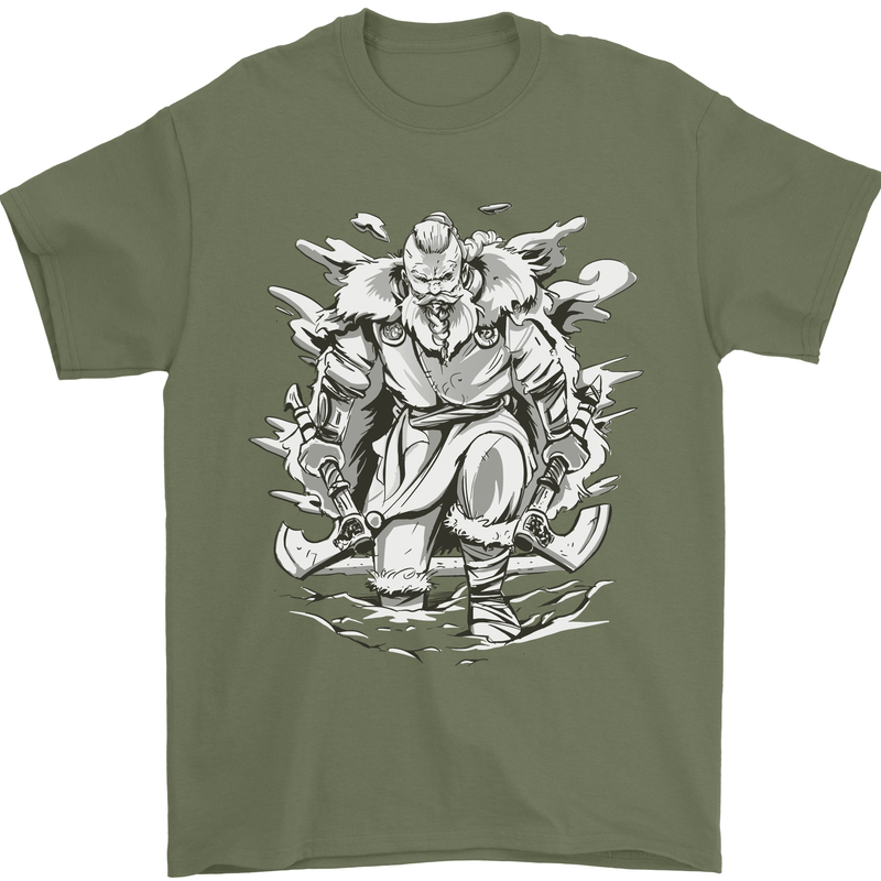 Viking Warrior Valhalla Odin Axe Gym God Mens T-Shirt Cotton Gildan Military Green