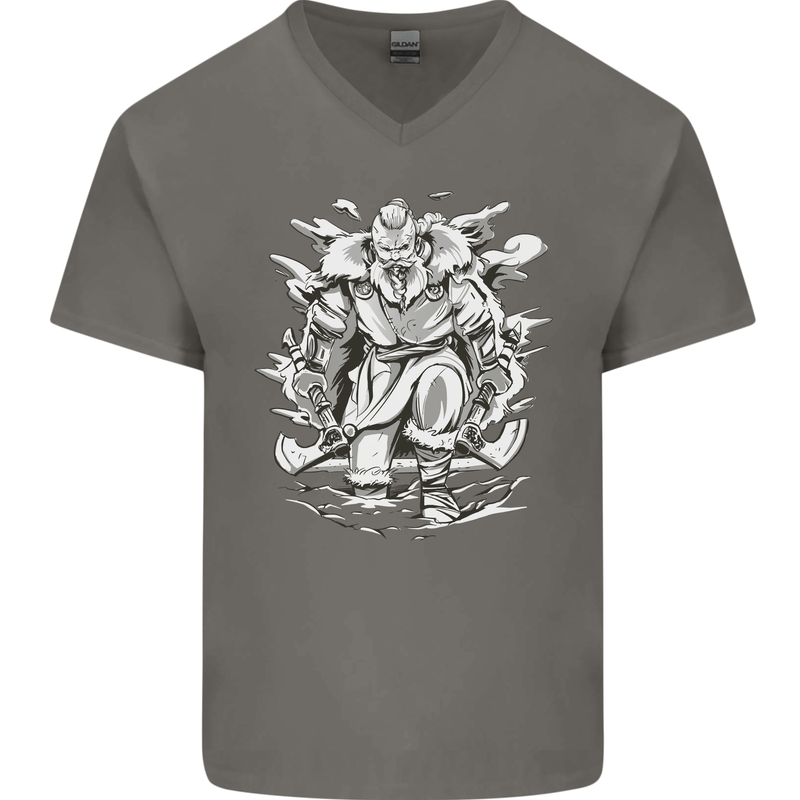 Viking Warrior Valhalla Odin Axe Gym God Mens V-Neck Cotton T-Shirt Charcoal