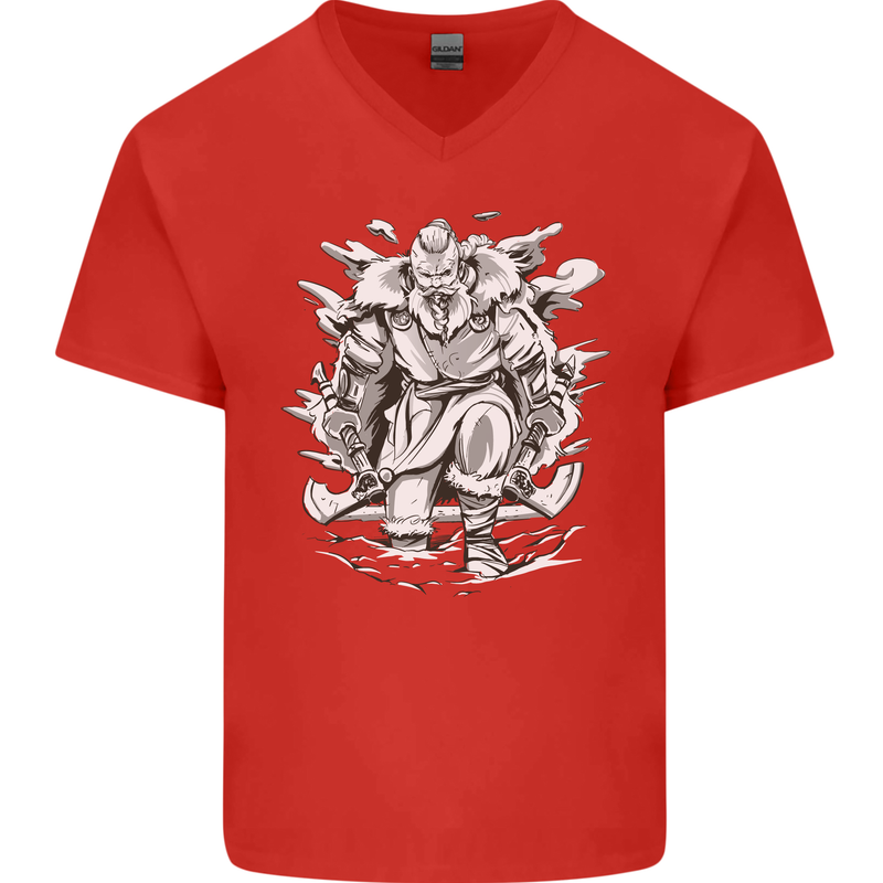 Viking Warrior Valhalla Odin Axe Gym God Mens V-Neck Cotton T-Shirt Red