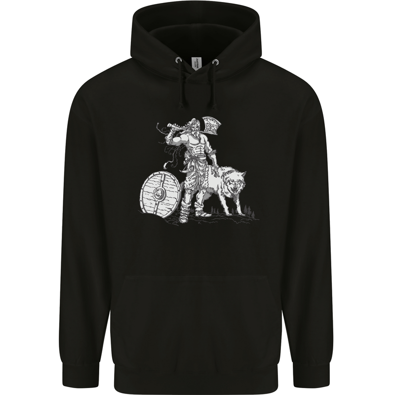 Viking With a Wolf and Shield Thor Valhalla Childrens Kids Hoodie Black
