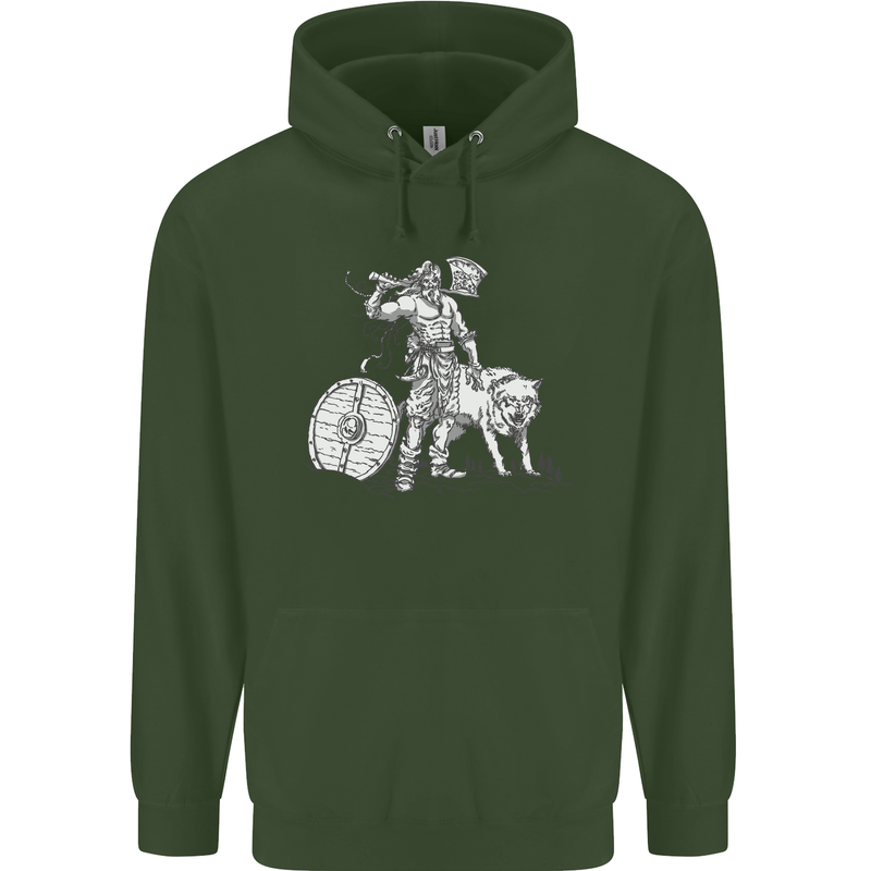 Viking With a Wolf and Shield Thor Valhalla Childrens Kids Hoodie Forest Green