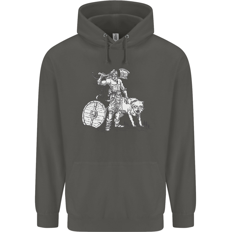 Viking With a Wolf and Shield Thor Valhalla Childrens Kids Hoodie Storm Grey