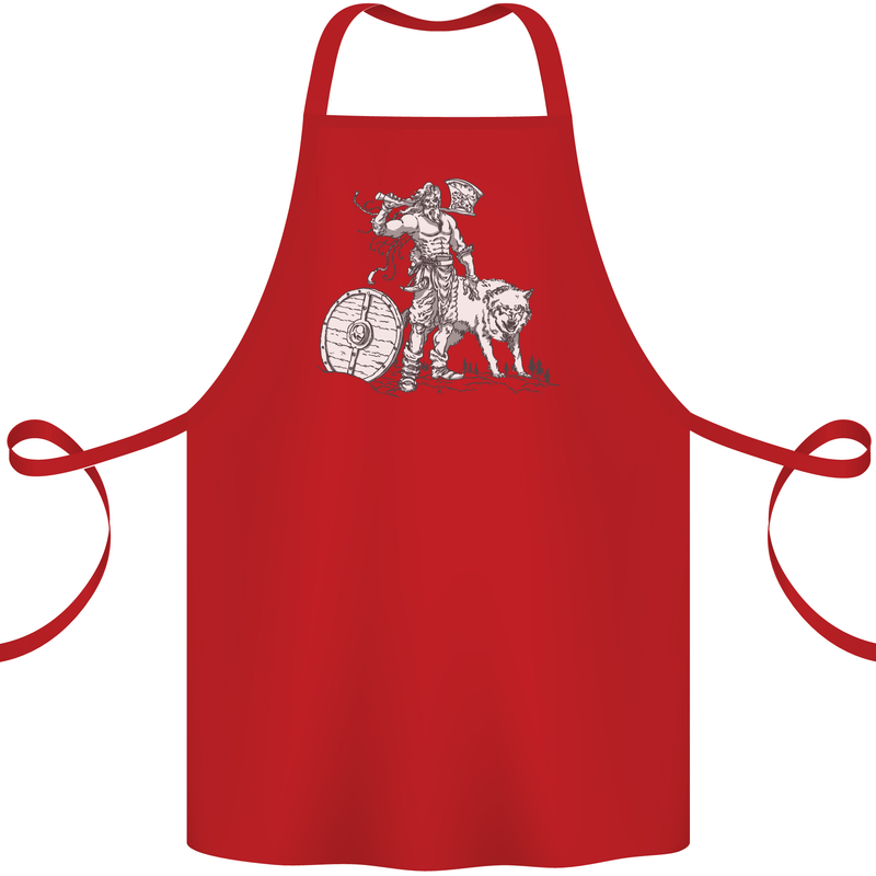 Viking With a Wolf and Shield Thor Valhalla Cotton Apron 100% Organic Red