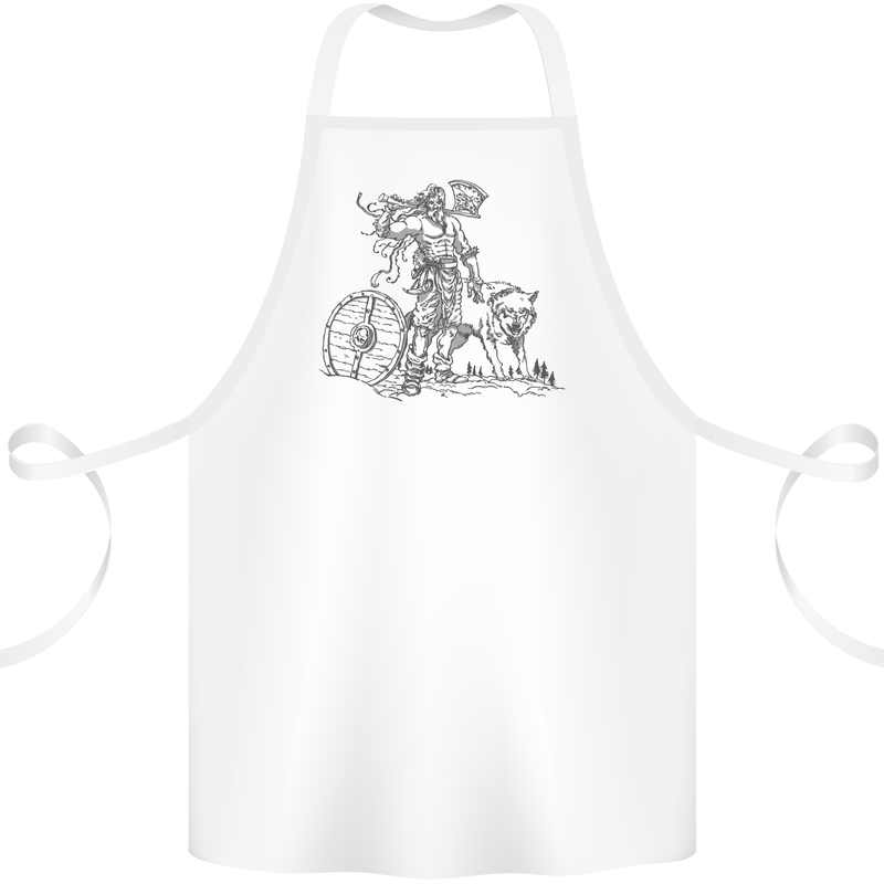 Viking With a Wolf and Shield Thor Valhalla Cotton Apron 100% Organic White