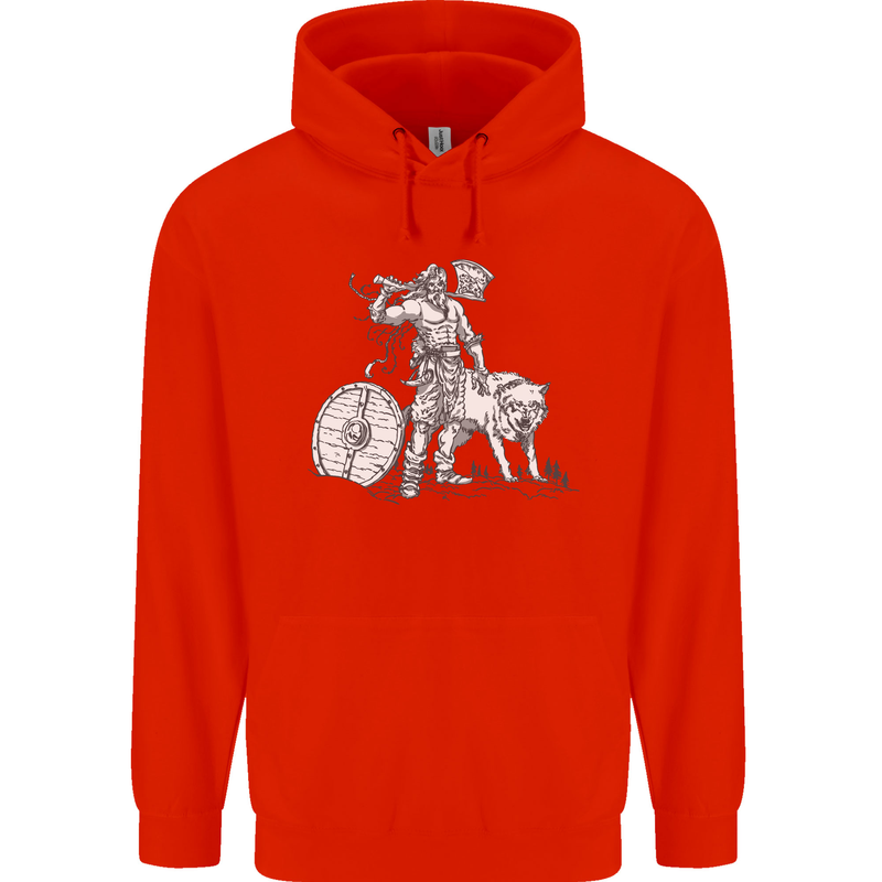 Viking With a Wolf and Shield Thor Valhalla Mens 80% Cotton Hoodie Bright Red