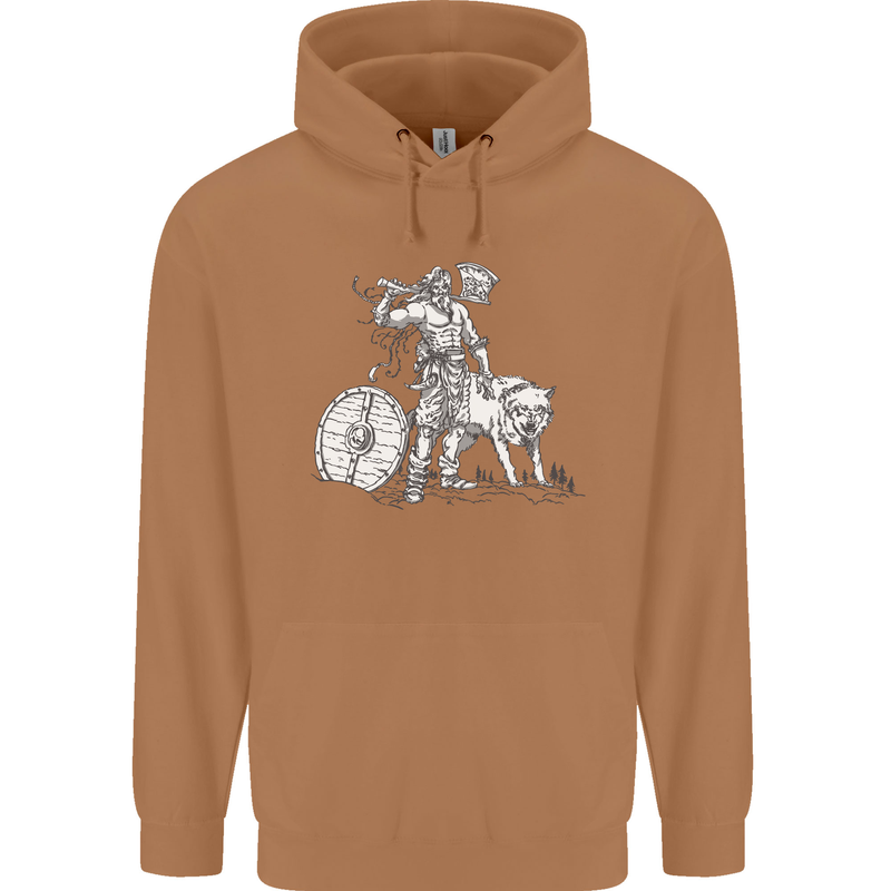 Viking With a Wolf and Shield Thor Valhalla Mens 80% Cotton Hoodie Caramel Latte