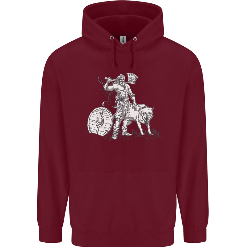 Viking With a Wolf and Shield Thor Valhalla Mens 80% Cotton Hoodie Maroon
