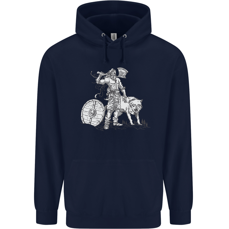 Viking With a Wolf and Shield Thor Valhalla Mens 80% Cotton Hoodie Navy Blue