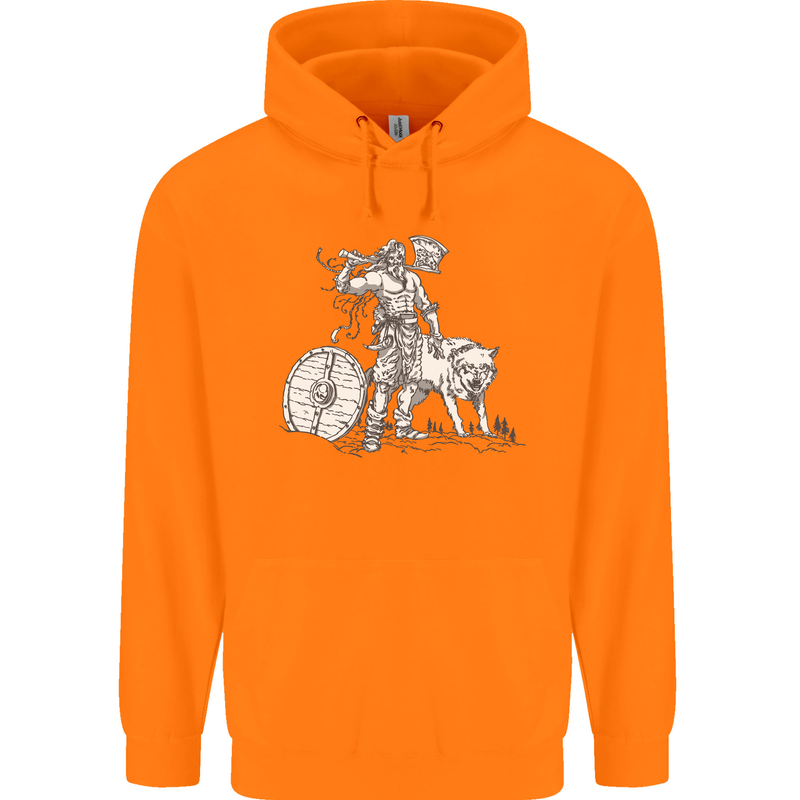 Viking With a Wolf and Shield Thor Valhalla Mens 80% Cotton Hoodie Orange
