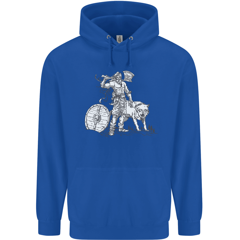 Viking With a Wolf and Shield Thor Valhalla Mens 80% Cotton Hoodie Royal Blue