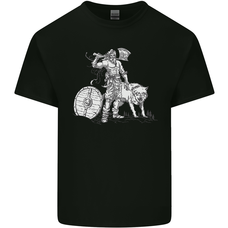 Viking With a Wolf and Shield Thor Valhalla Mens Cotton T-Shirt Tee Top Black