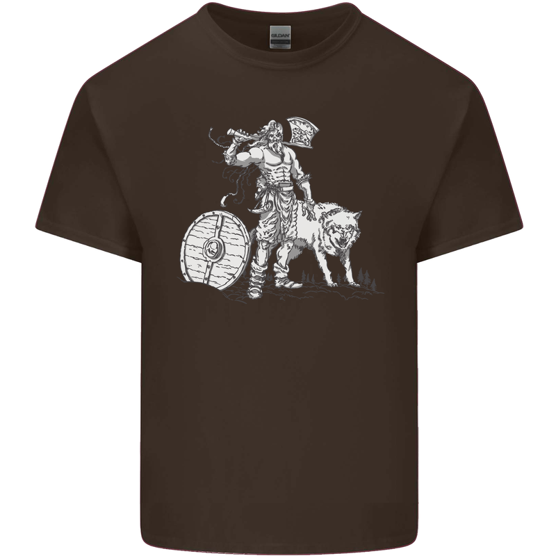 Viking With a Wolf and Shield Thor Valhalla Mens Cotton T-Shirt Tee Top Dark Chocolate