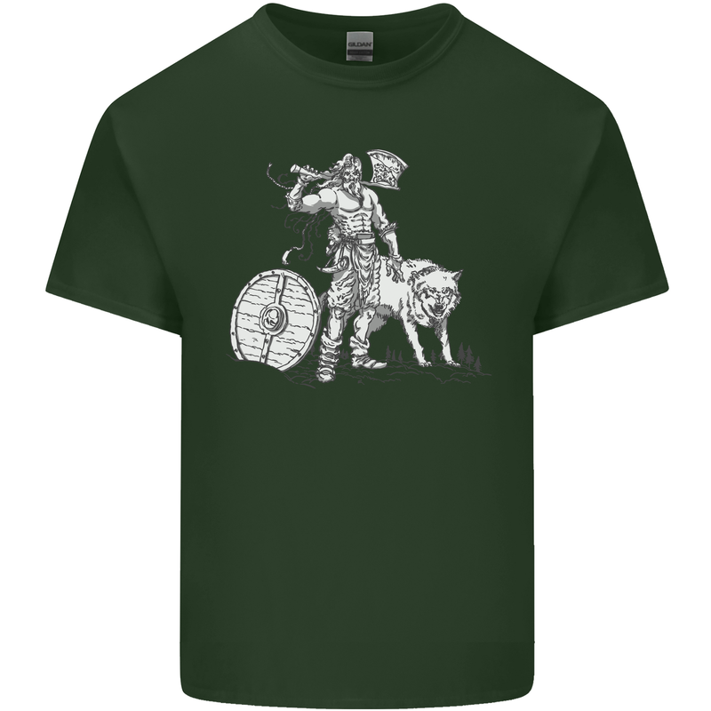 Viking With a Wolf and Shield Thor Valhalla Mens Cotton T-Shirt Tee Top Forest Green