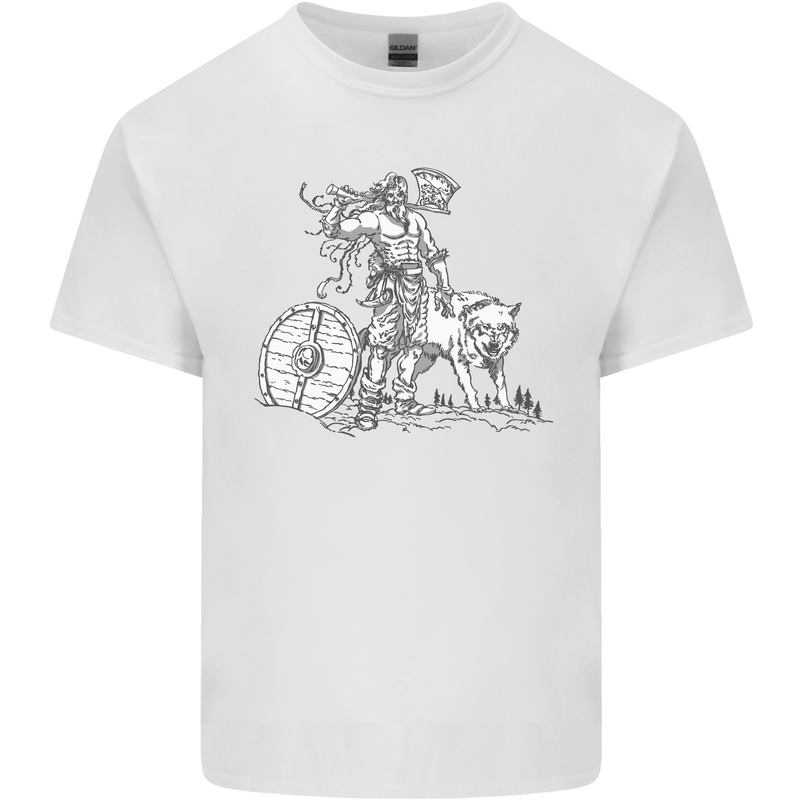 Viking With a Wolf and Shield Thor Valhalla Mens Cotton T-Shirt Tee Top White