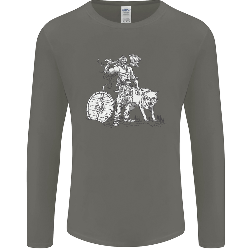 Viking With a Wolf and Shield Thor Valhalla Mens Long Sleeve T-Shirt Charcoal
