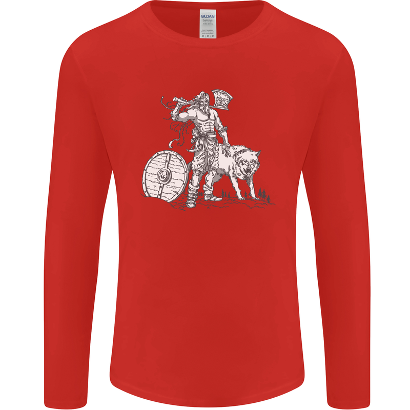 Viking With a Wolf and Shield Thor Valhalla Mens Long Sleeve T-Shirt Red
