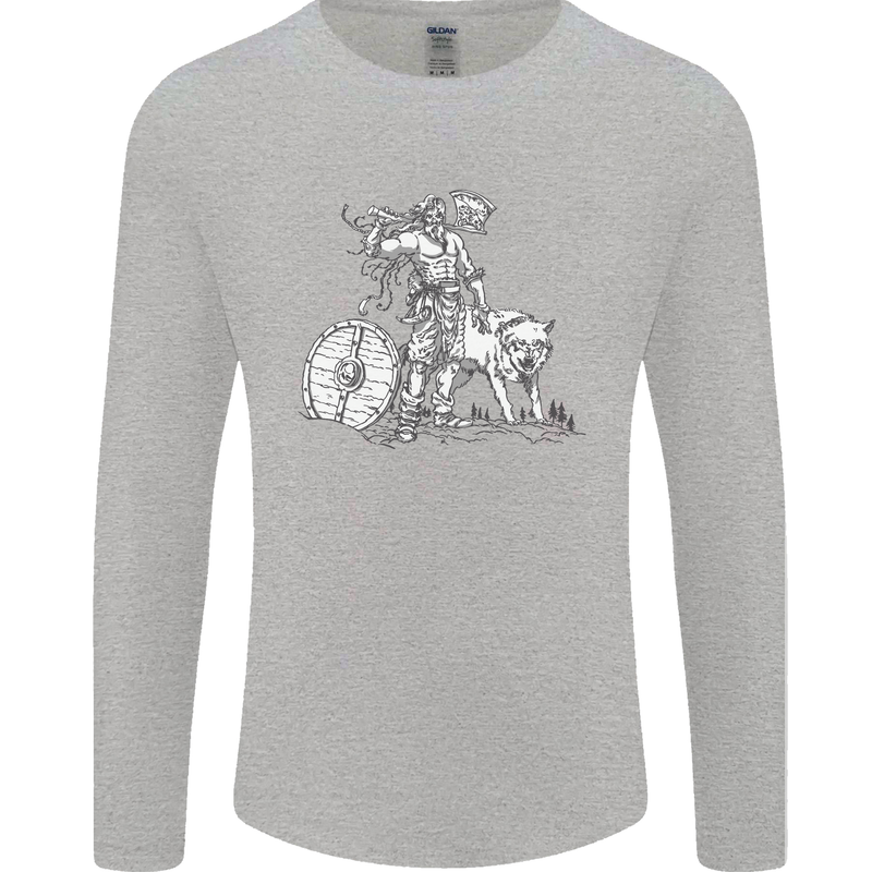 Viking With a Wolf and Shield Thor Valhalla Mens Long Sleeve T-Shirt Sports Grey