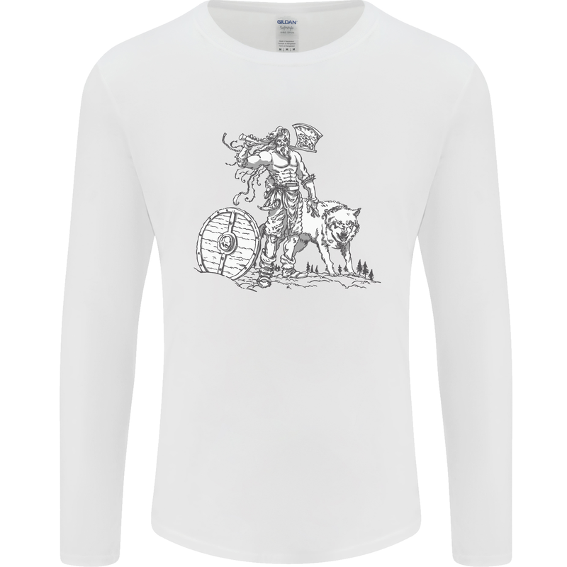 Viking With a Wolf and Shield Thor Valhalla Mens Long Sleeve T-Shirt White