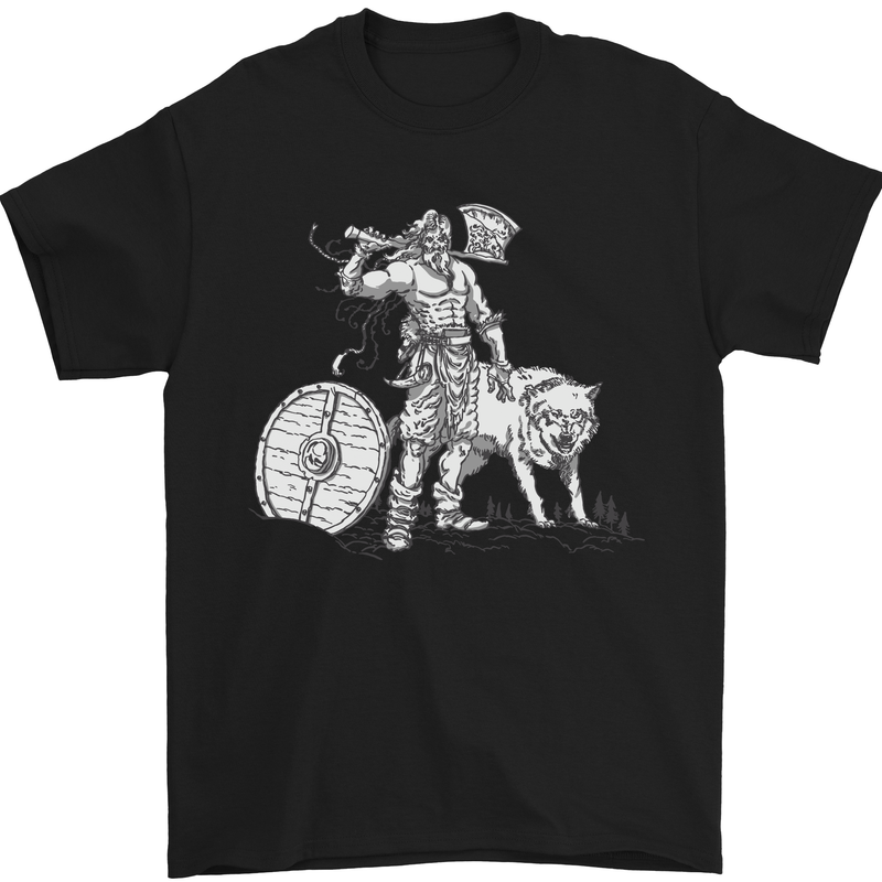Viking With a Wolf and Shield Thor Valhalla Mens T-Shirt Cotton Gildan Black