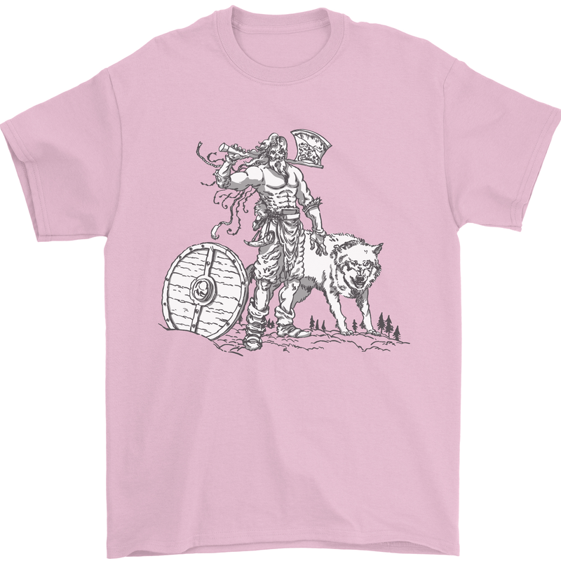 Viking With a Wolf and Shield Thor Valhalla Mens T-Shirt Cotton Gildan Light Pink