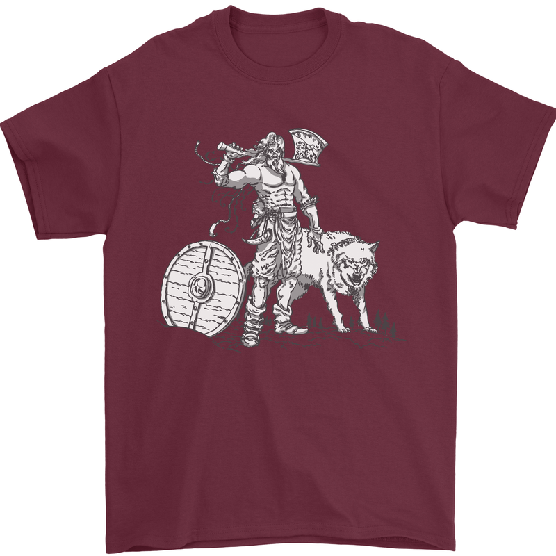 Viking With a Wolf and Shield Thor Valhalla Mens T-Shirt Cotton Gildan Maroon