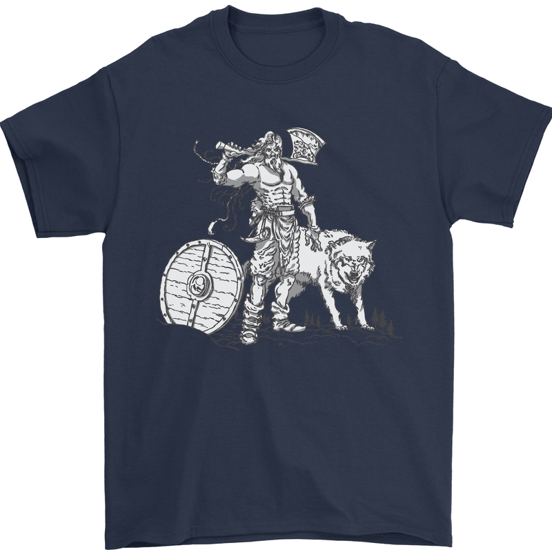 Viking With a Wolf and Shield Thor Valhalla Mens T-Shirt Cotton Gildan Navy Blue