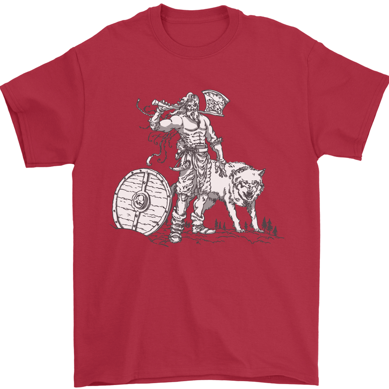 Viking With a Wolf and Shield Thor Valhalla Mens T-Shirt Cotton Gildan Red