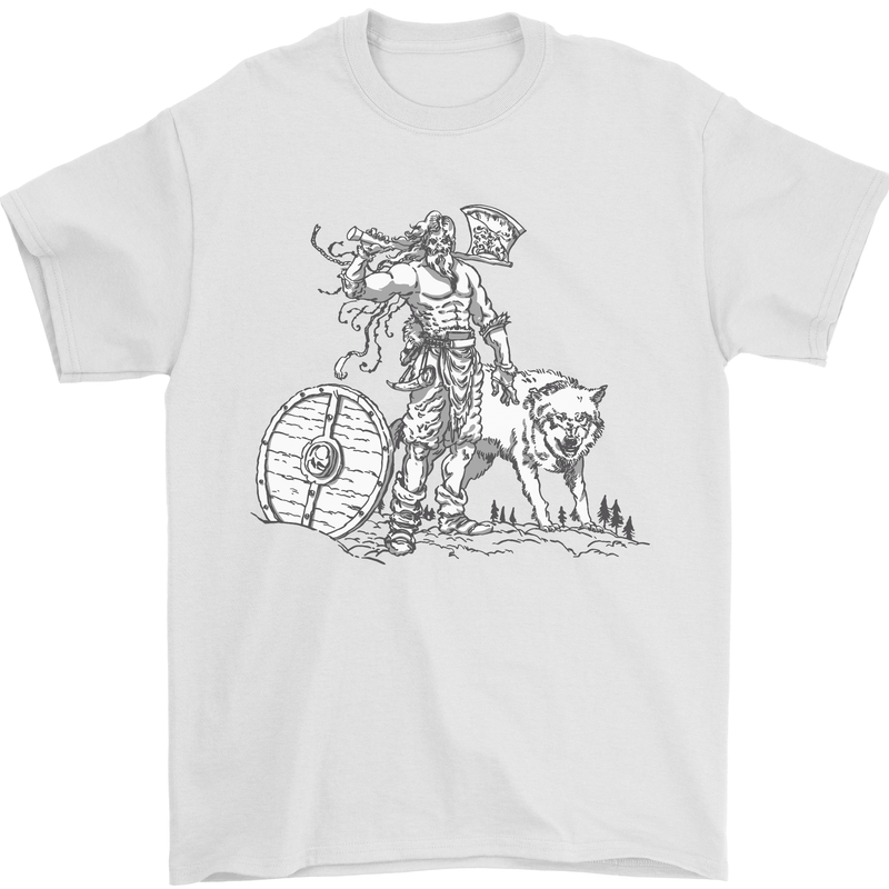 Viking With a Wolf and Shield Thor Valhalla Mens T-Shirt Cotton Gildan White