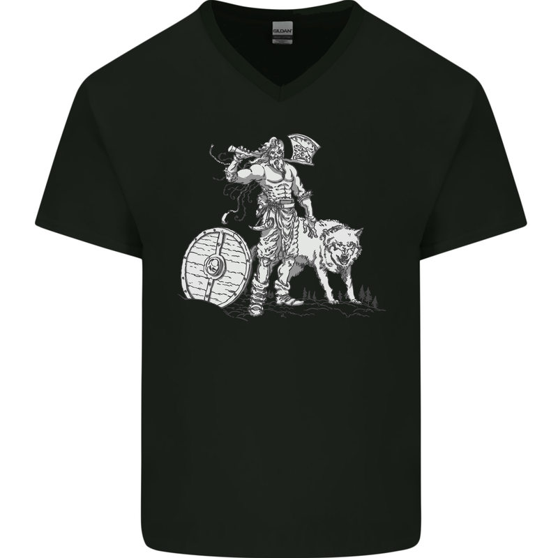 Viking With a Wolf and Shield Thor Valhalla Mens V-Neck Cotton T-Shirt Black