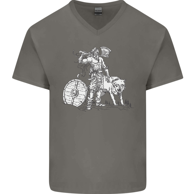 Viking With a Wolf and Shield Thor Valhalla Mens V-Neck Cotton T-Shirt Charcoal