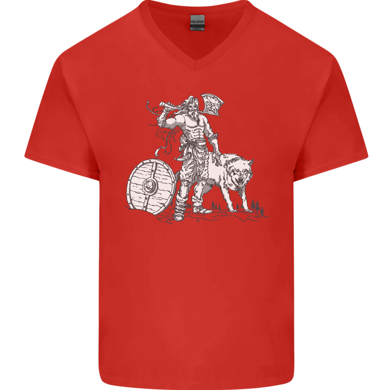 Viking With a Wolf and Shield Thor Valhalla Mens V-Neck Cotton T-Shirt Red