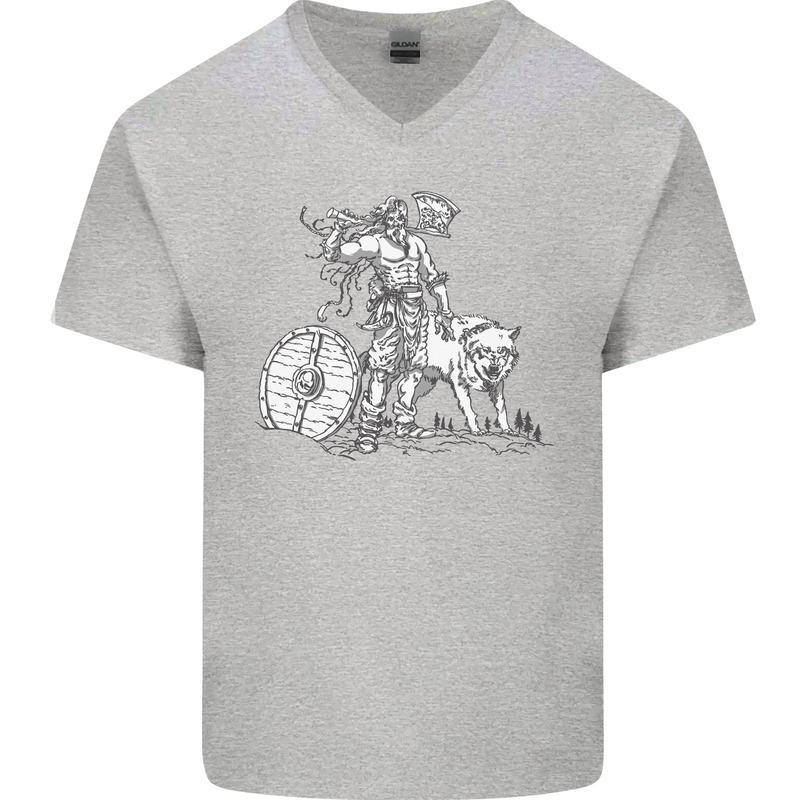 Viking With a Wolf and Shield Thor Valhalla Mens V-Neck Cotton T-Shirt Sports Grey