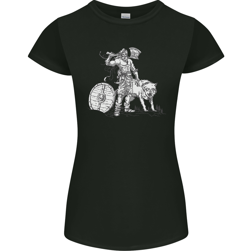 Viking With a Wolf and Shield Thor Valhalla Womens Petite Cut T-Shirt Black