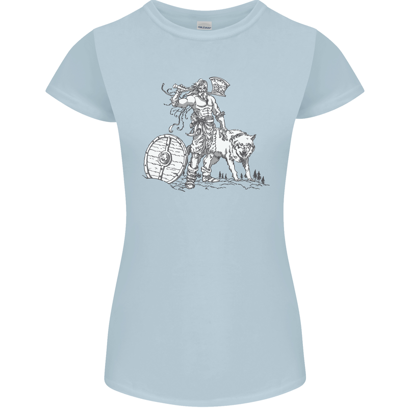 Viking With a Wolf and Shield Thor Valhalla Womens Petite Cut T-Shirt Light Blue