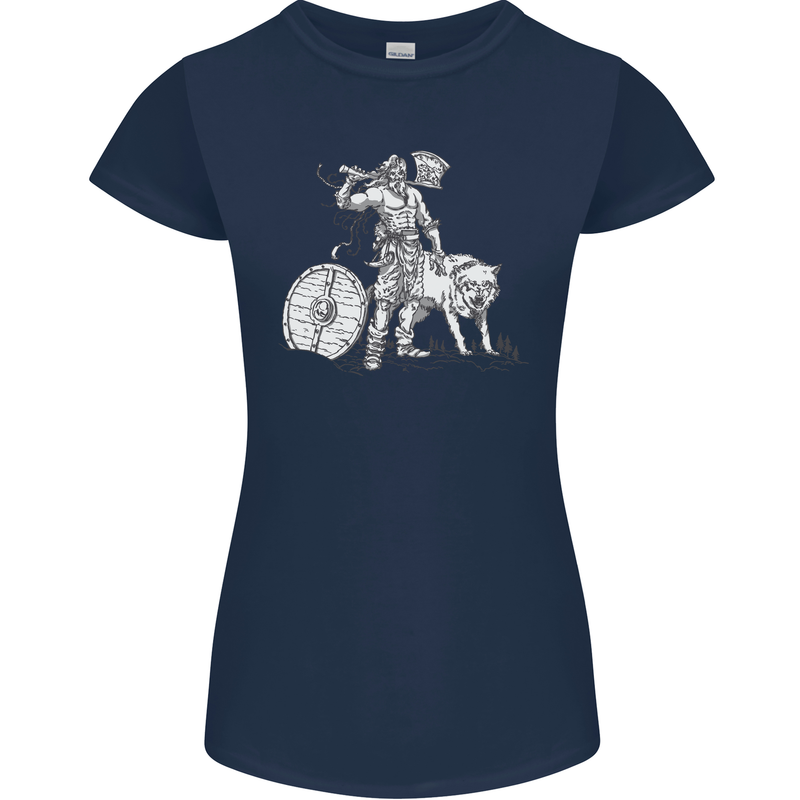 Viking With a Wolf and Shield Thor Valhalla Womens Petite Cut T-Shirt Navy Blue