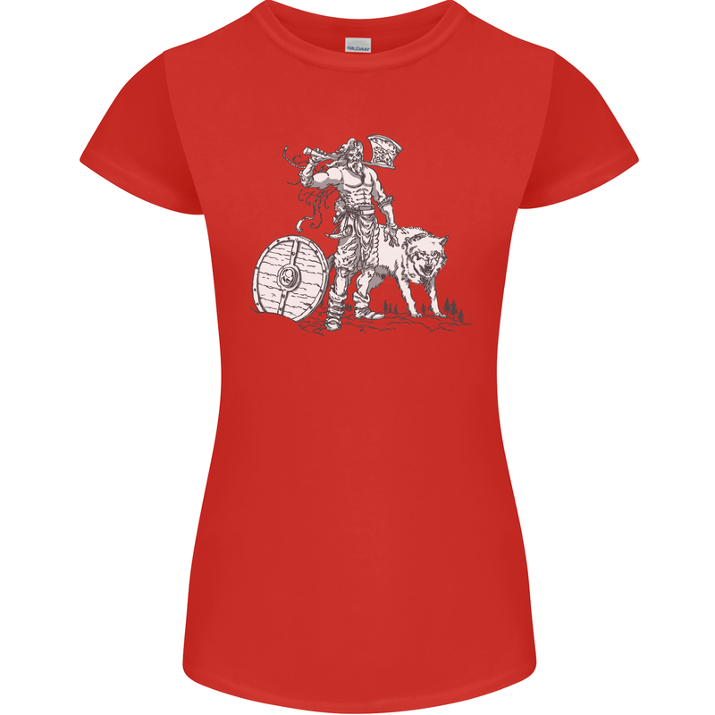 Viking With a Wolf and Shield Thor Valhalla Womens Petite Cut T-Shirt Red