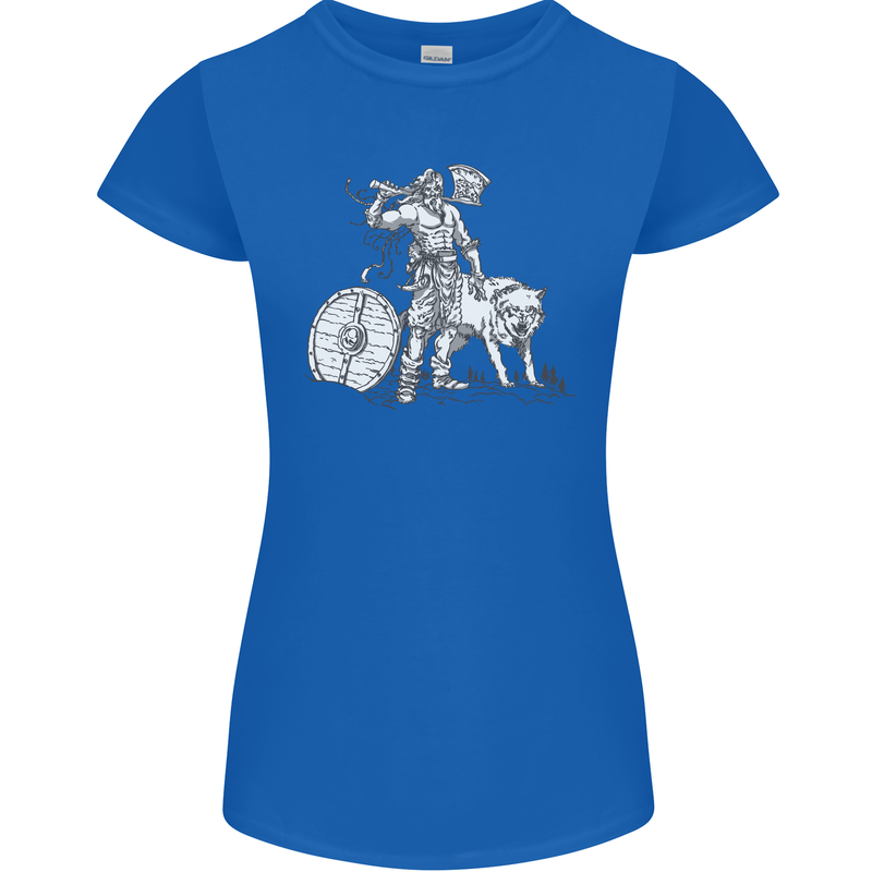Viking With a Wolf and Shield Thor Valhalla Womens Petite Cut T-Shirt Royal Blue