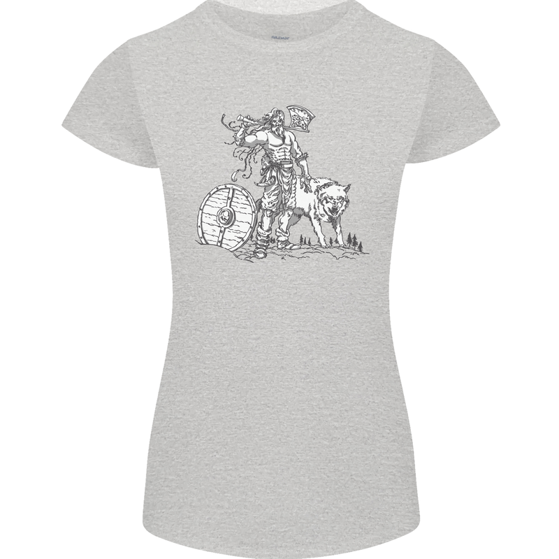 Viking With a Wolf and Shield Thor Valhalla Womens Petite Cut T-Shirt Sports Grey