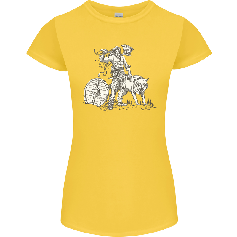 Viking With a Wolf and Shield Thor Valhalla Womens Petite Cut T-Shirt Yellow