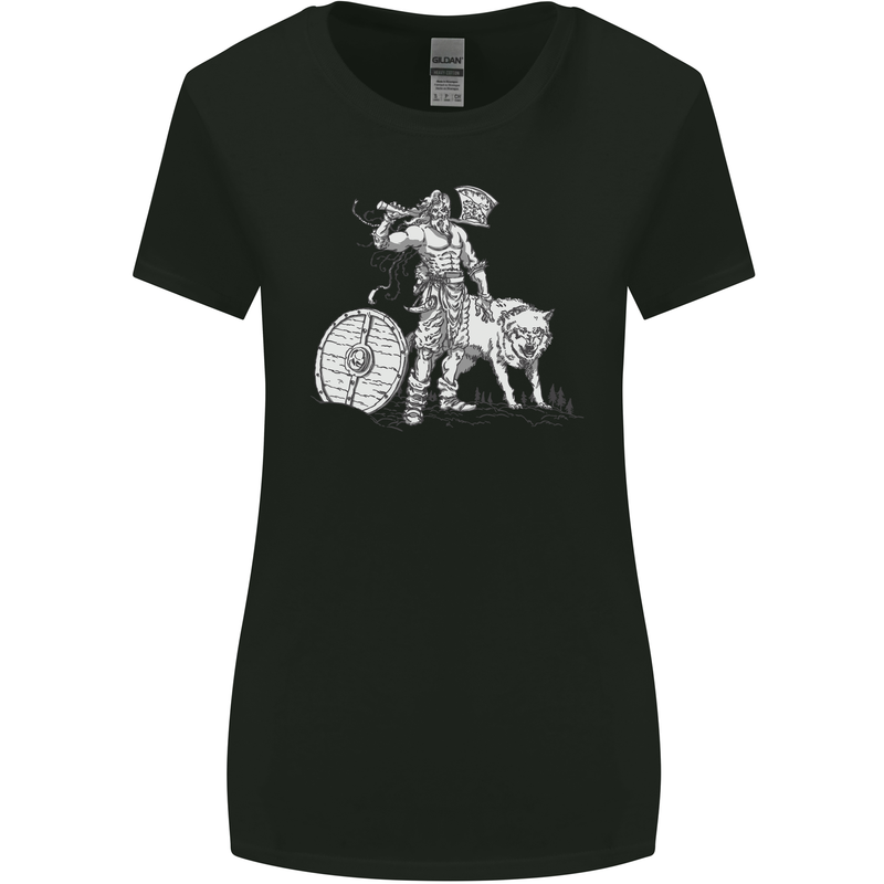 Viking With a Wolf and Shield Thor Valhalla Womens Wider Cut T-Shirt Black