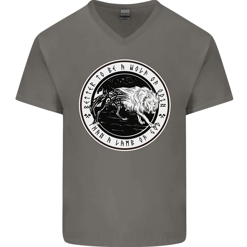Viking a Wolf of Odin Than a Lamb of God Mens V-Neck Cotton T-Shirt Charcoal