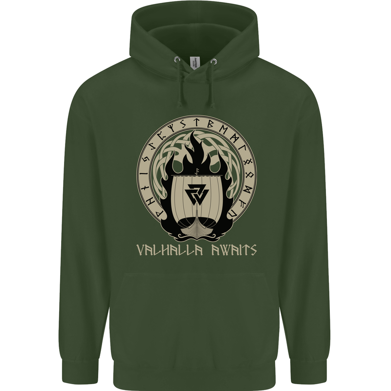 Vikings Valhalla Awaits Valknut Symbol Odin Childrens Kids Hoodie Forest Green