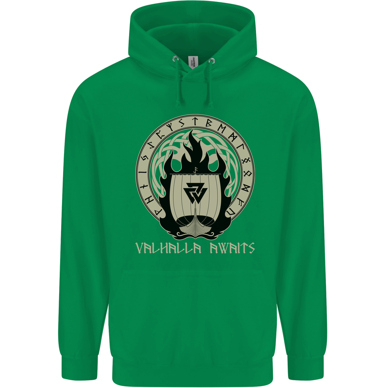 Vikings Valhalla Awaits Valknut Symbol Odin Childrens Kids Hoodie Irish Green