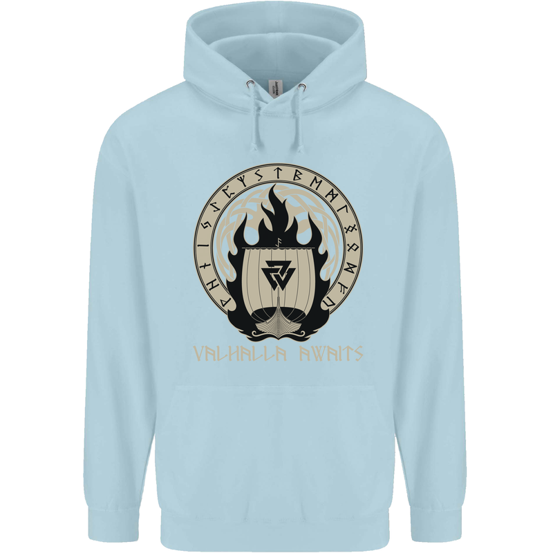Vikings Valhalla Awaits Valknut Symbol Odin Childrens Kids Hoodie Light Blue