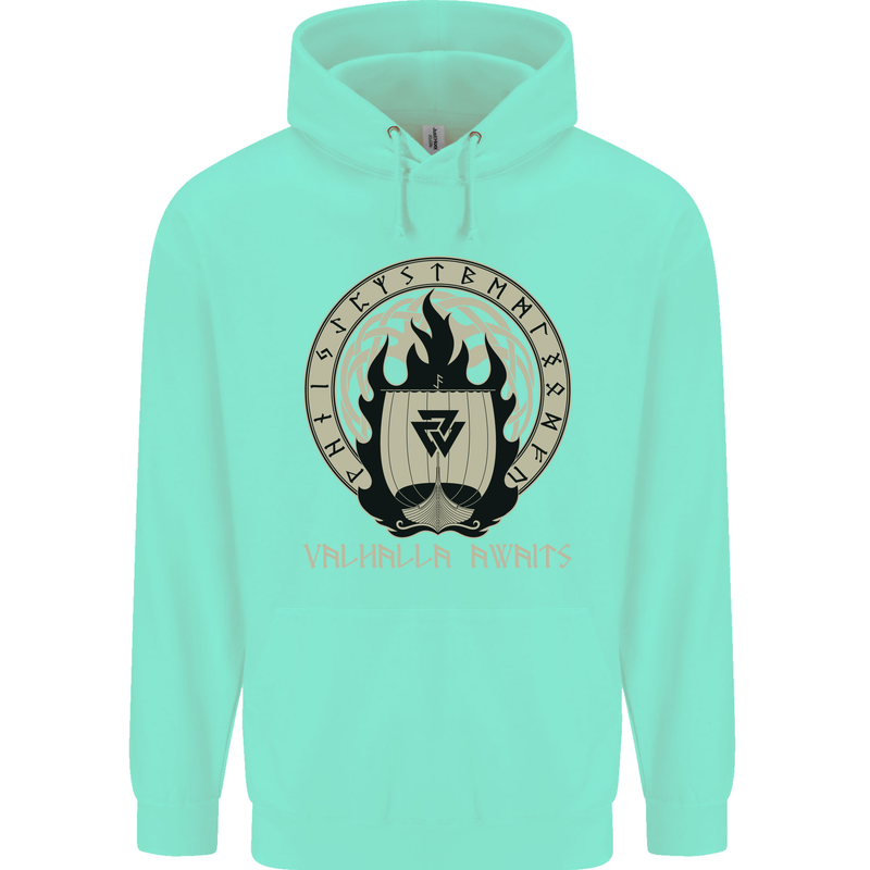 Vikings Valhalla Awaits Valknut Symbol Odin Childrens Kids Hoodie Peppermint