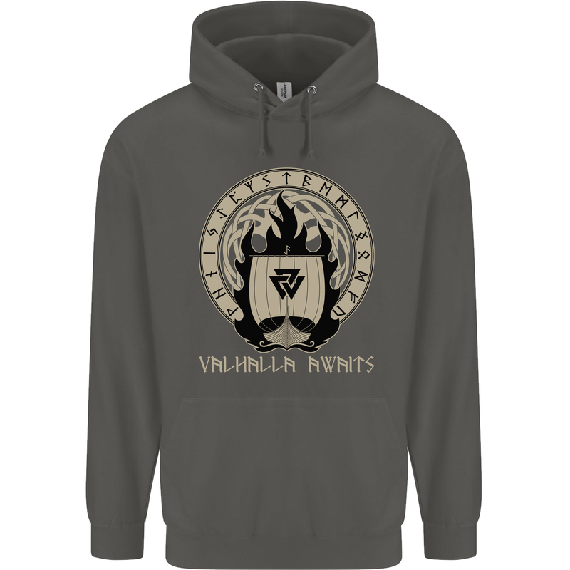 Vikings Valhalla Awaits Valknut Symbol Odin Childrens Kids Hoodie Storm Grey