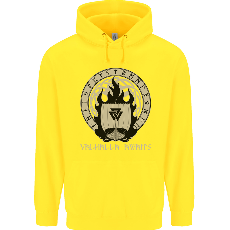 Vikings Valhalla Awaits Valknut Symbol Odin Childrens Kids Hoodie Yellow