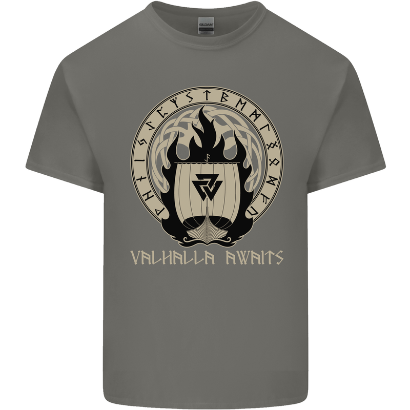 Vikings Valhalla Awaits Valknut Symbol Odin Kids T-Shirt Childrens Charcoal