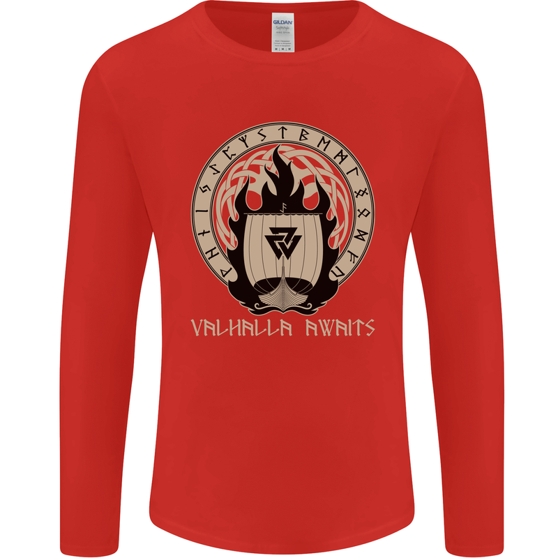 Vikings Valhalla Awaits Valknut Symbol Odin Mens Long Sleeve T-Shirt Red