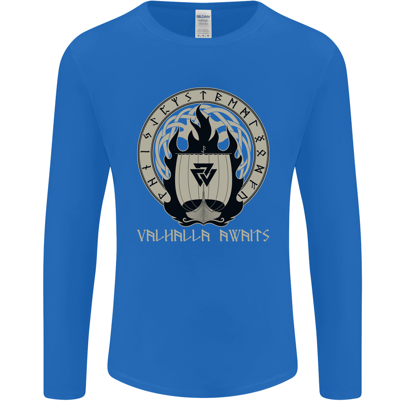 Vikings Valhalla Awaits Valknut Symbol Odin Mens Long Sleeve T-Shirt Royal Blue
